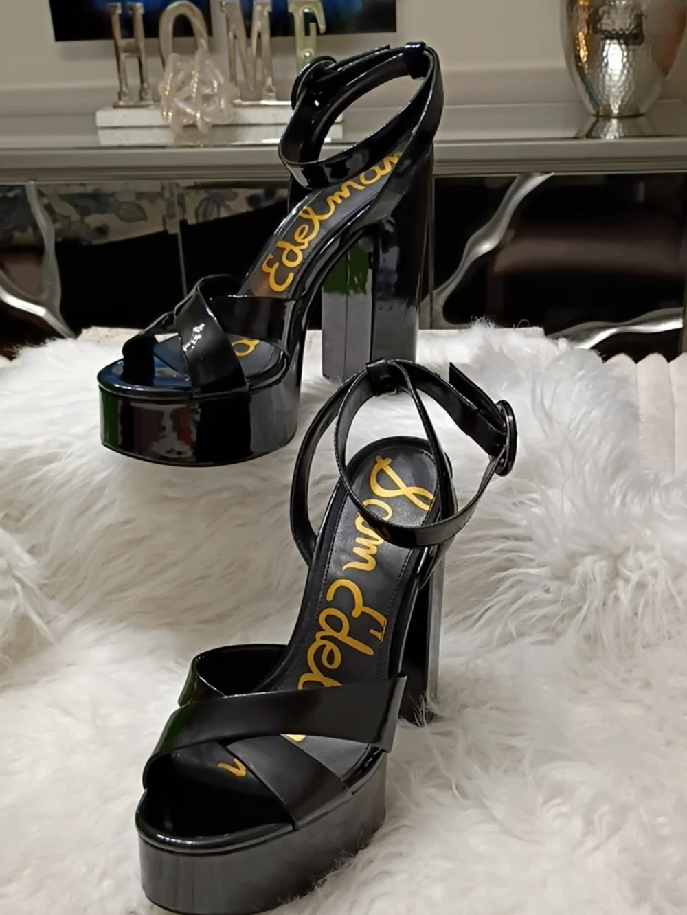 New Sam Edelman Savannah Black Patent Platform Block-Heel Sandals 10